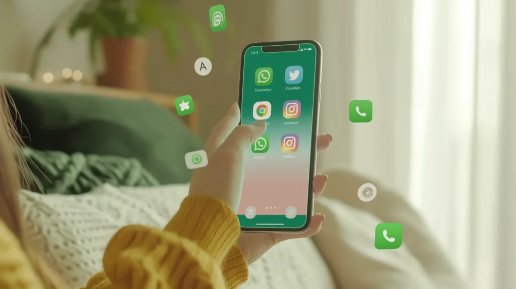 Imagem de uma pessoa usando um smartphone com ícones de aplicativos de redes sociais como WhatsApp, Instagram, e Twitter flutuando ao redor. A cena retrata a interação digital moderna.