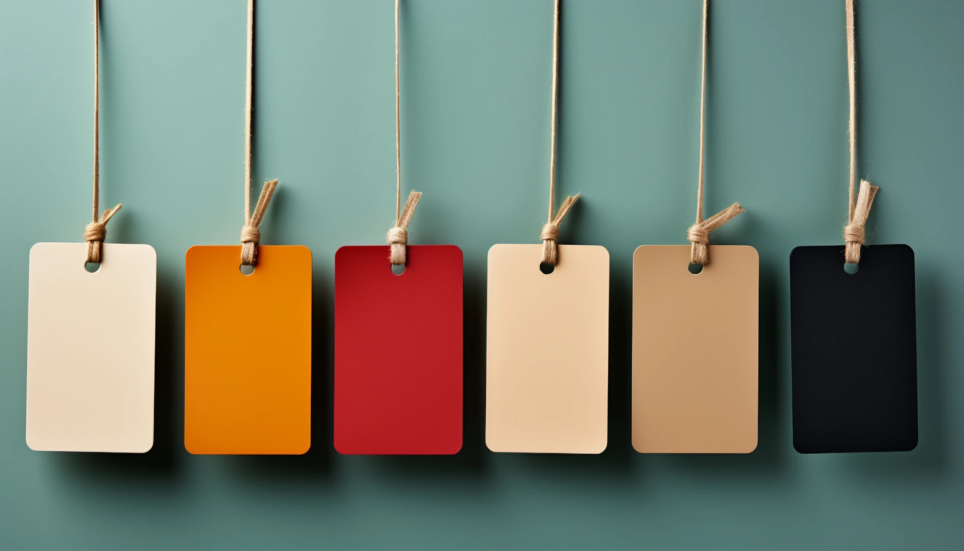 Várias etiquetas coloridas penduradas em uma parede suave, mostrando diferentes tonalidades, ideais para organização ou decoração.