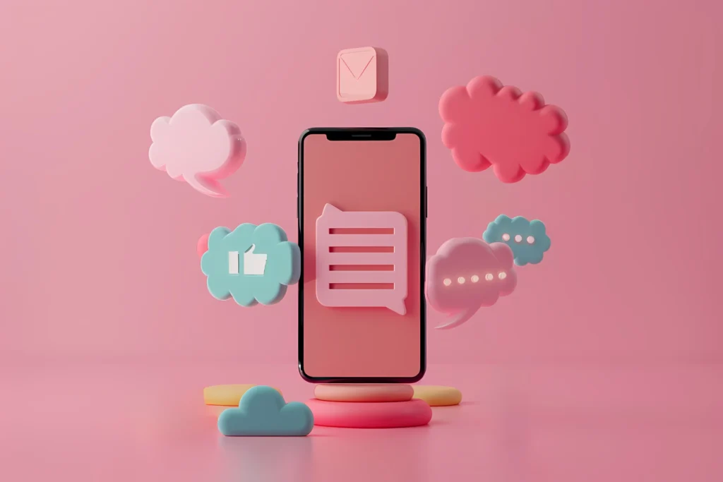 Imagem de um smartphone exibindo ícones de mensagens e notificações em um fundo rosa, representando interações digitais e comunicação online.