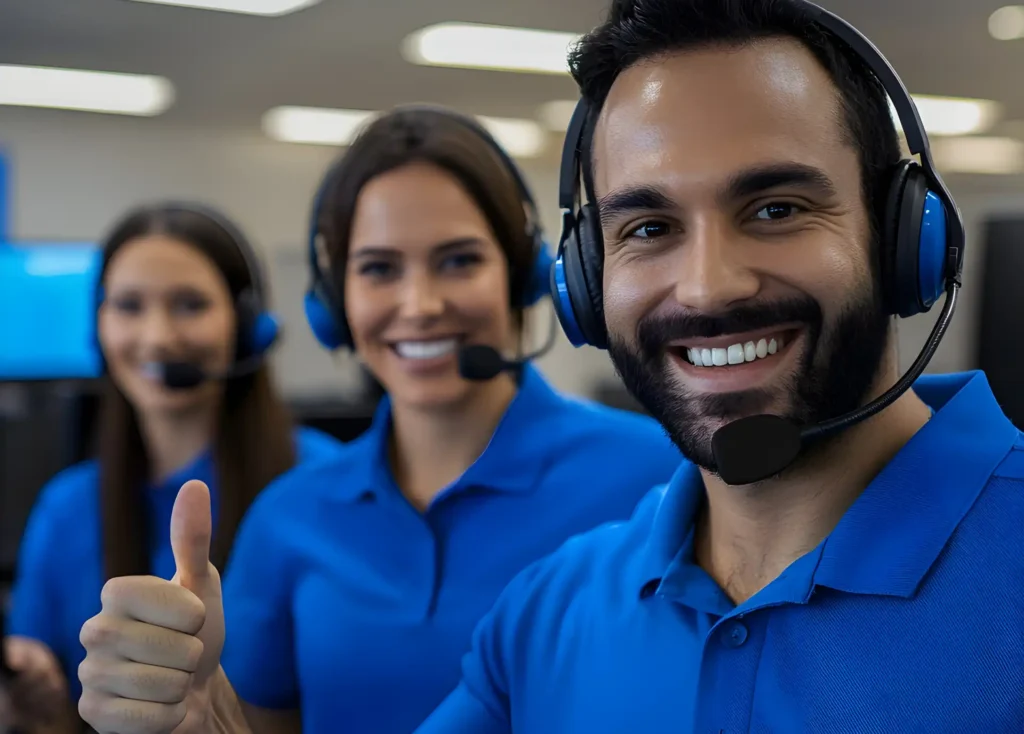 Equipe de atendimento ao cliente sorrindo, usando headsets e uniformes azuis, demonstrando profissionalismo e simpatia. Ideal para mostrar serviço de atendimento.