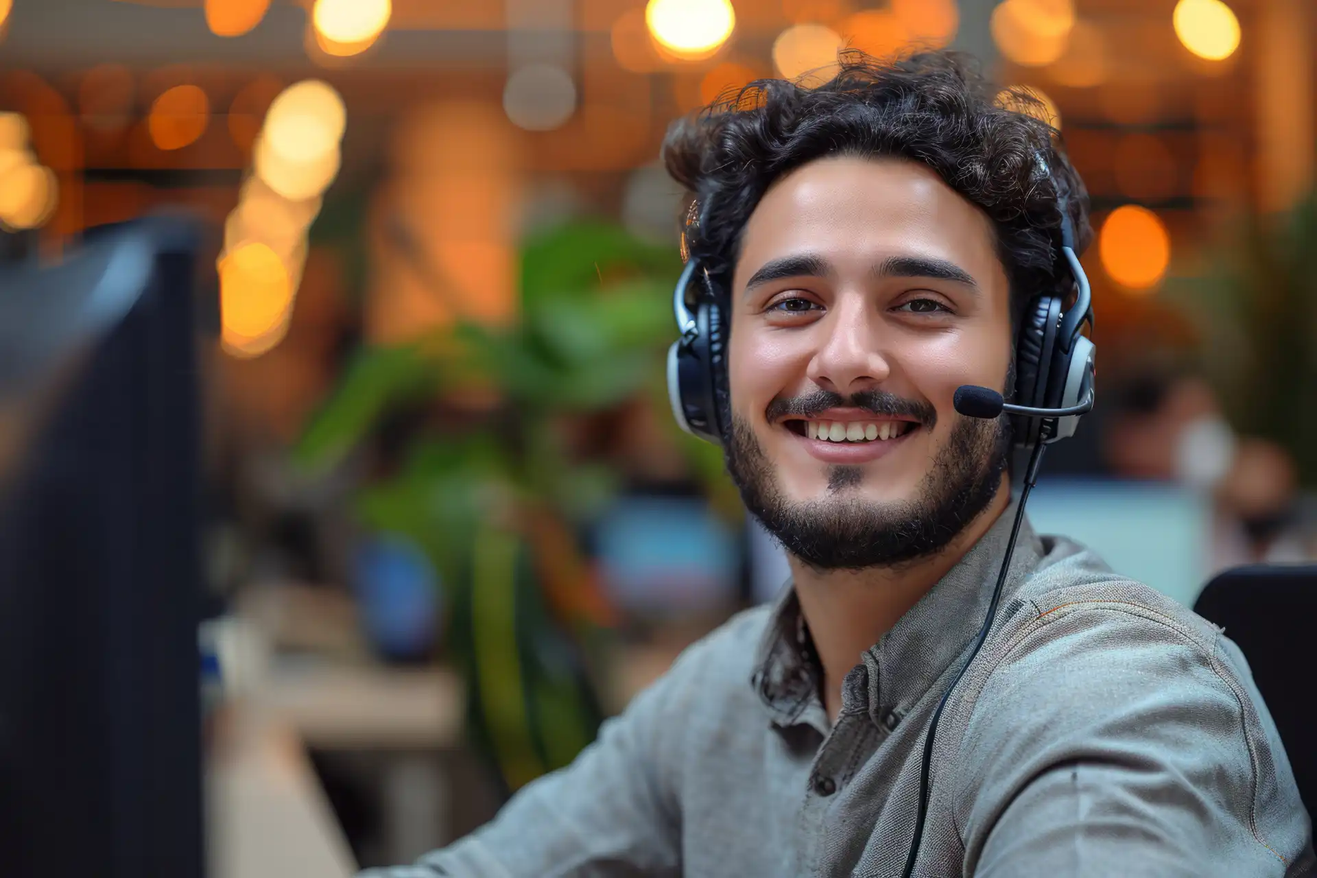 Homem sorridente usando fones de ouvido, trabalhando em um ambiente de escritório moderno e iluminado, ideal para temas relacionados à tecnologia e atendimento ao cliente.