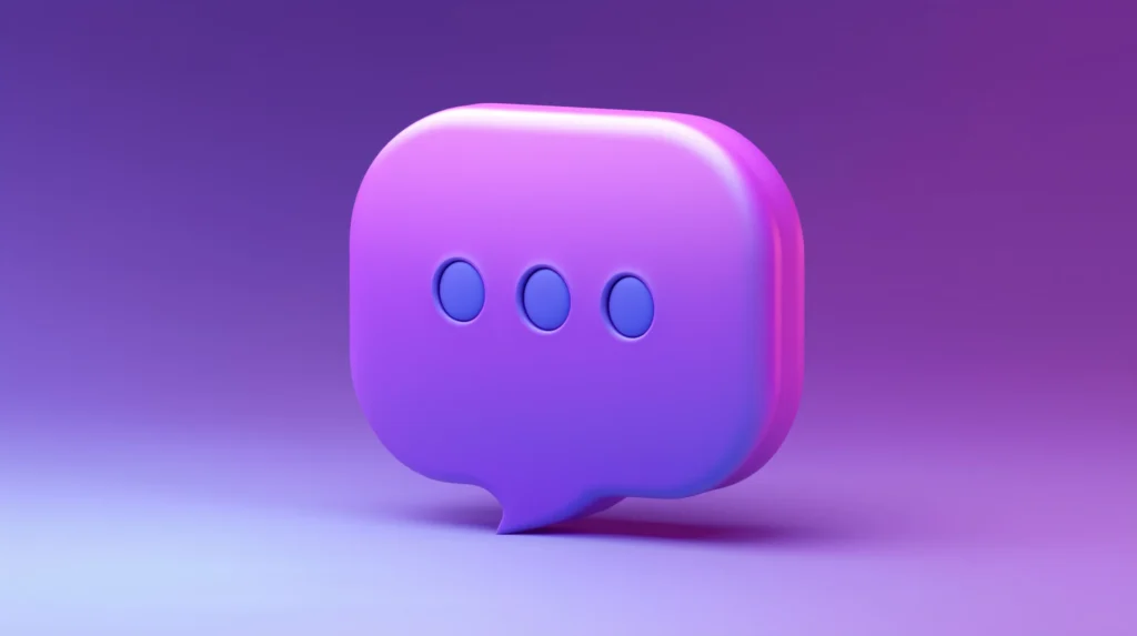 Imagem de um ícone de balão de fala estilizado em tons de roxo e pink, representando comunicação e mensagens digitais.