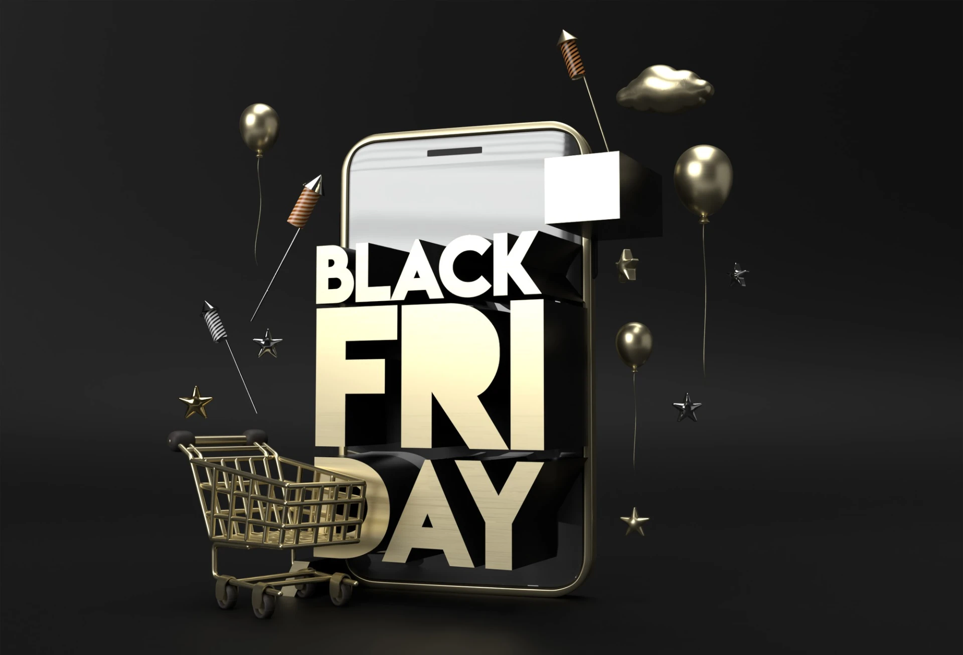 Imagem promocional da Black Friday, destacando um celular com a frase 'Black Friday' em destaque e um carrinho de compras, ideal para vendas online.