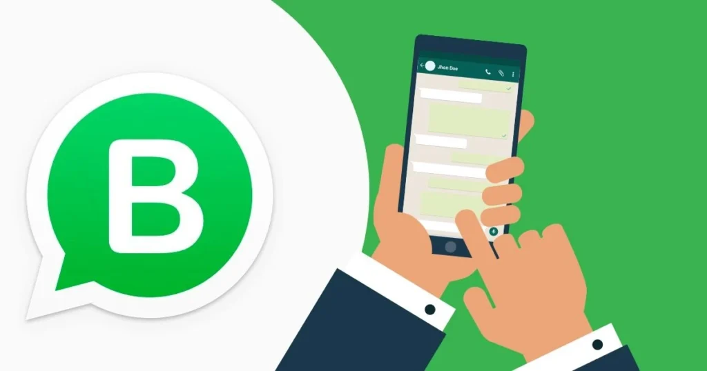 Imagem ilustrativa do WhatsApp Business, mostrando uma mão segurando um smartphone com mensagens em verde, em um fundo verde. A interface destaca a comunicação eficiente para empresas.
