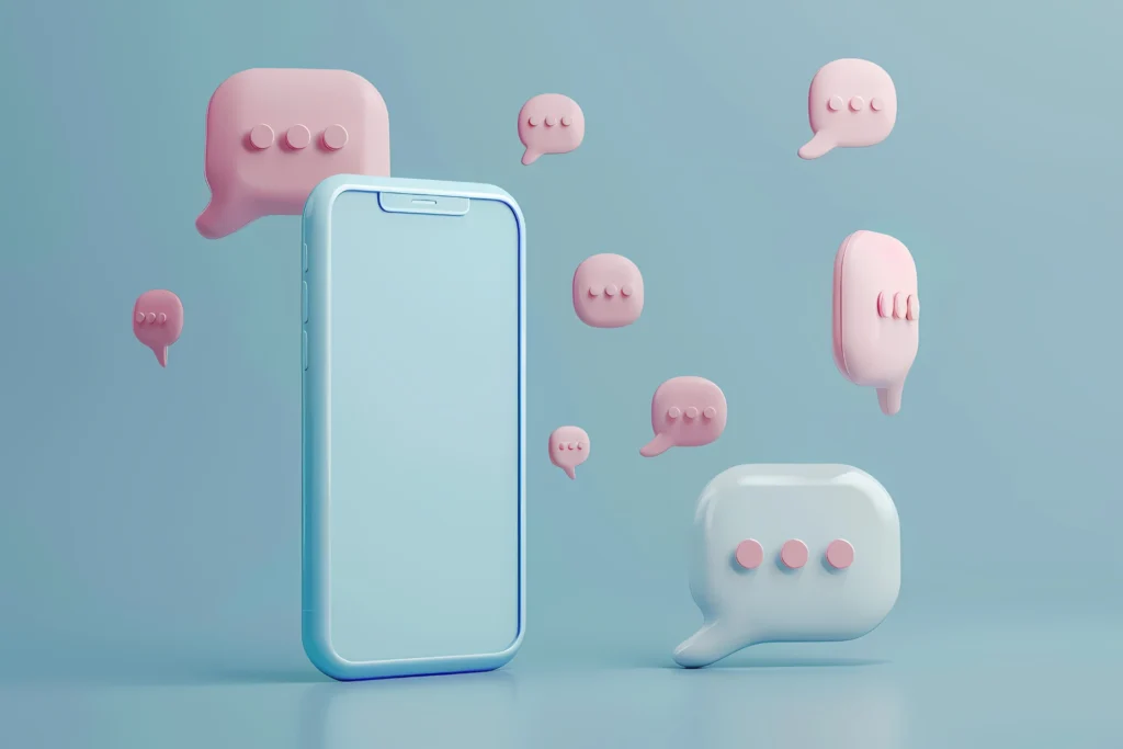 Imagem de um smartphone com balões de fala coloridos ao redor, simbolizando comunicação e interação digital. Ideal para ilustrações sobre mensagens e redes sociais.