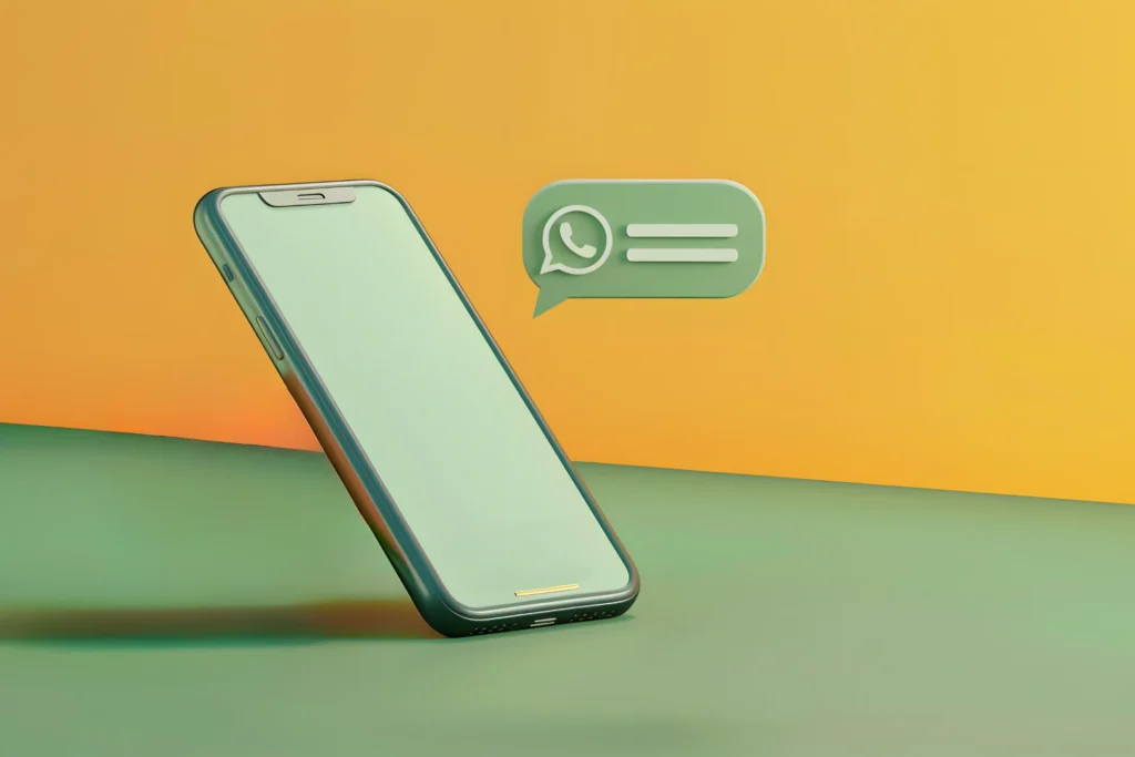 Imagem de um smartphone moderno em tom verde com um balão de mensagem do WhatsApp ao lado, em um fundo degradê laranja e verde. A imagem ilustra a comunicação digital.