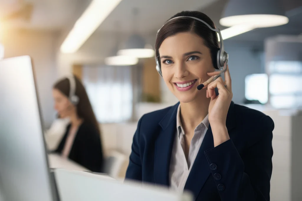 Atendente de call center sorridente usando headset enquanto trabalha em um computador, simbolizando atendimento ao cliente e suporte.
