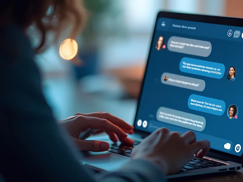 Uma pessoa utilizando um laptop em um ambiente aconchegante e moderno, se comunicando por meio de mensagens instantâneas. A tela exibe um bate-papo digital.