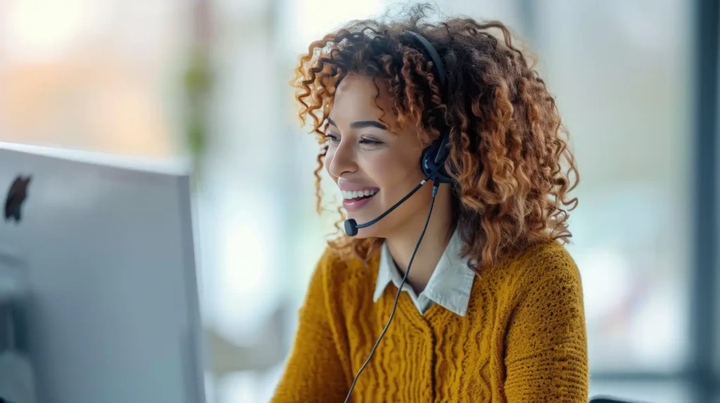 Mulher sorridente usando headset enquanto trabalha em frente ao computador. A imagem reflete um ambiente de trabalho moderno, focado na comunicação.