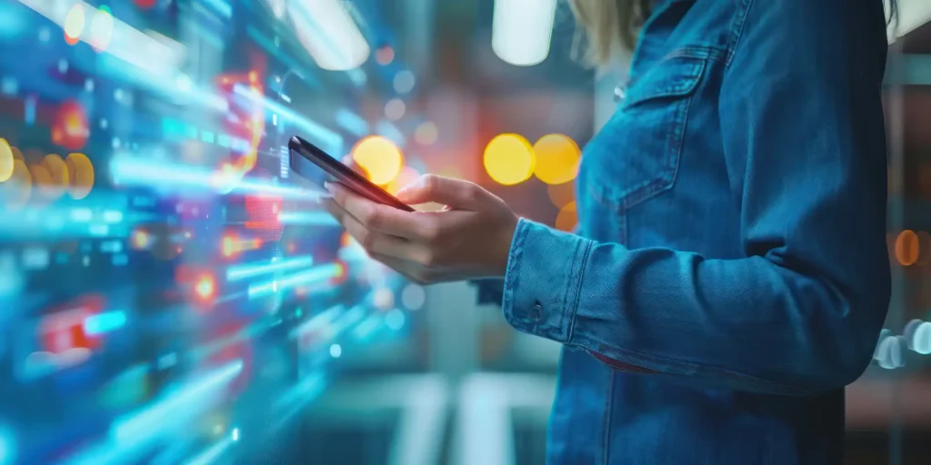 Mulher usando smartphone em ambiente digital futurista com luzes e dados ao fundo. Conexão e tecnologia em destaque.