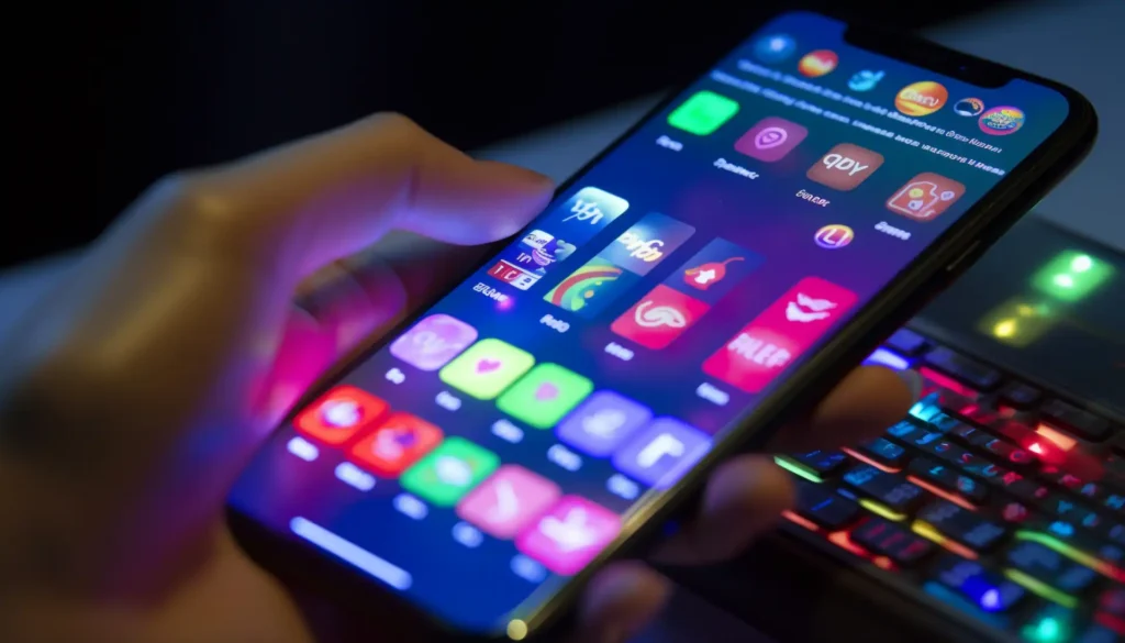 A imagem mostra uma mão segurando um smartphone com um fundo colorido e teclado iluminado, destacando aplicativos diversos.