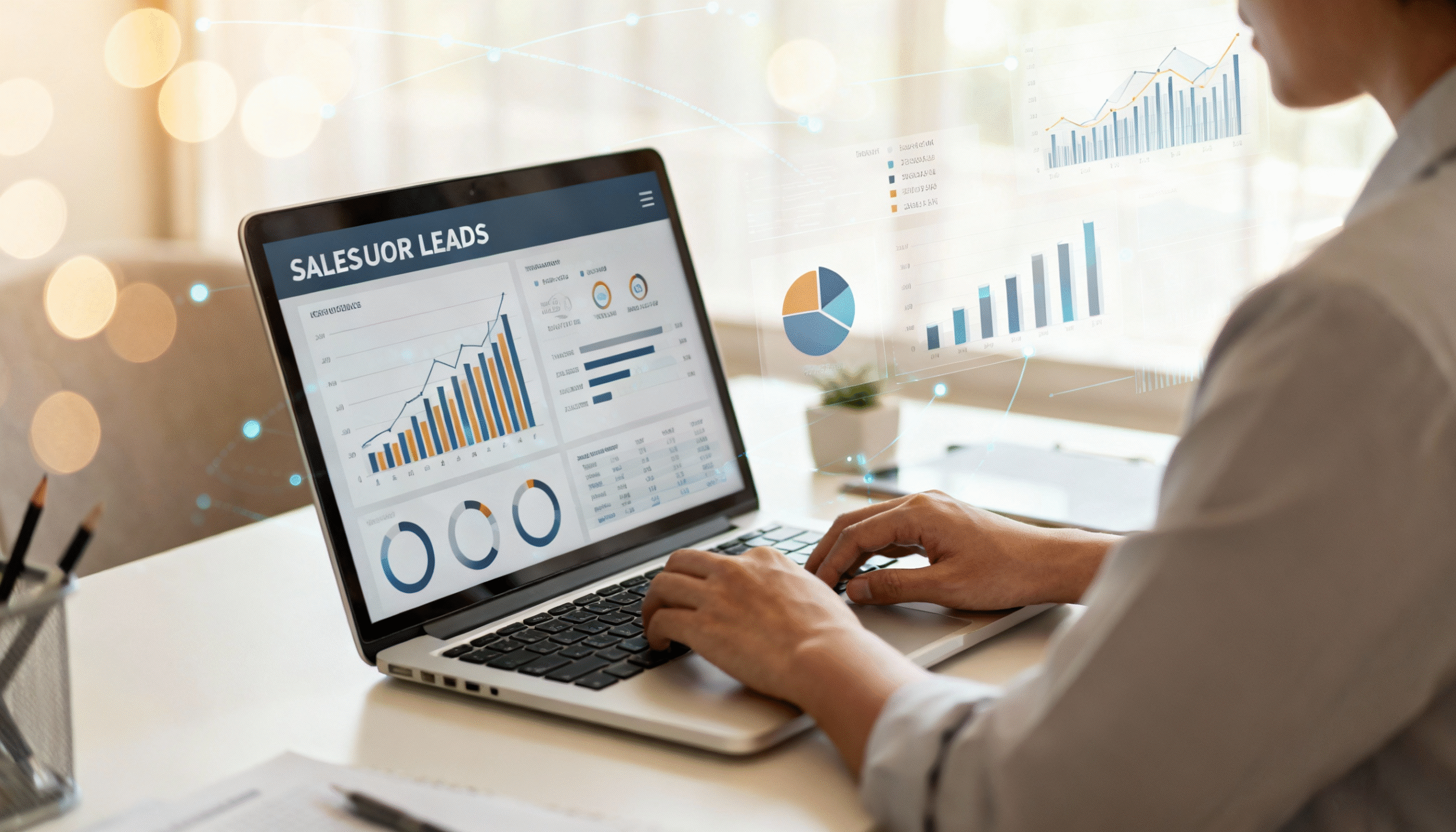 Pessoa analisando dados de vendas e gráficos de crescimento em um laptop, focada em estratégias de geração de leads qualificados para otimização de negócios.