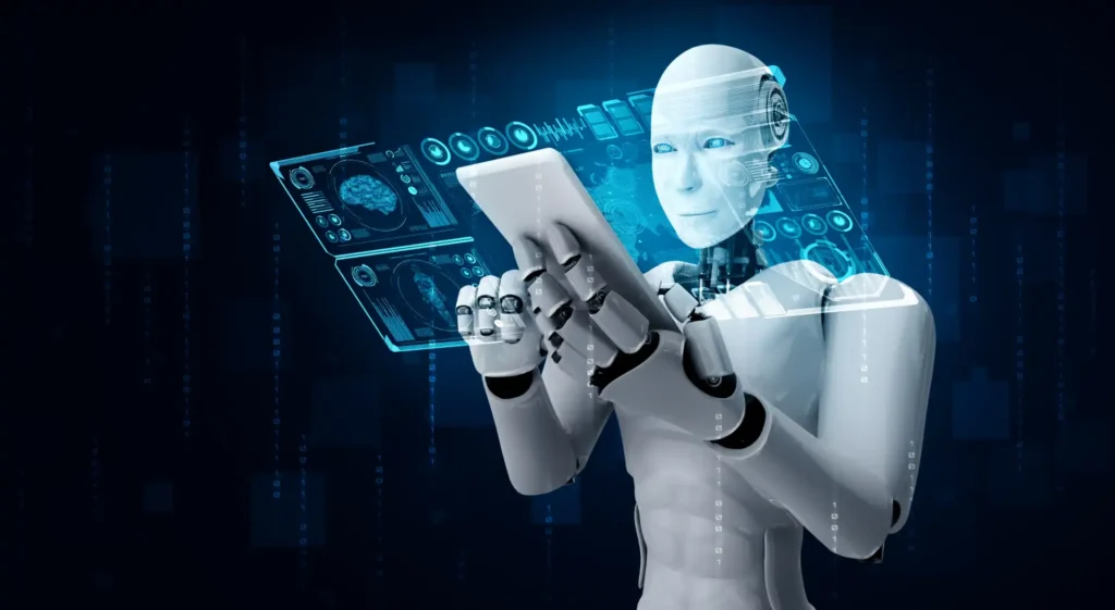 Robô utilizando um dispositivo digital, com interface holográfica e elementos tecnológicos ao fundo, simbolizando a inovação em robótica e inteligência artificial.