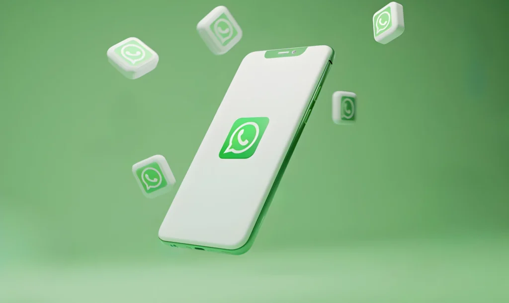Imagem de um smartphone branco flutuando com ícones do WhatsApp em um fundo verde, simbolizando a popularidade e a comunicação através do aplicativo.