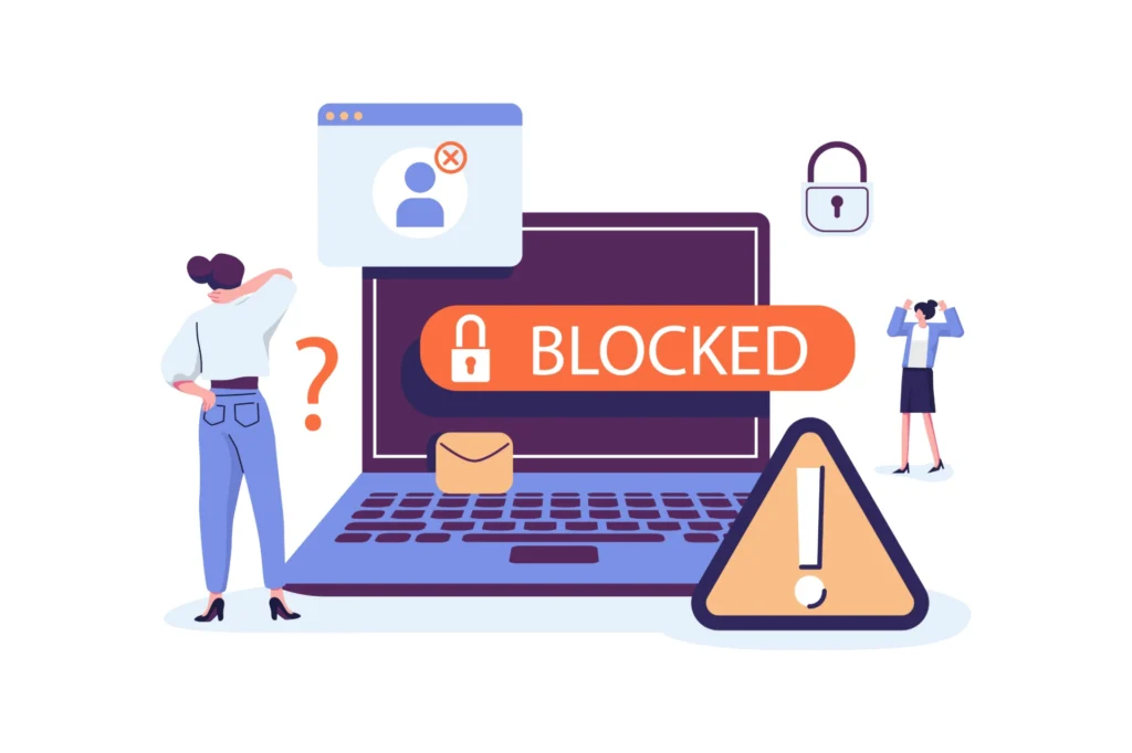Imagem ilustrativa sobre segurança digital, exibindo um laptop com a mensagem 'BLOCKED', uma figura perplexa contemplando e elementos que representam restrições e bloqueios online.