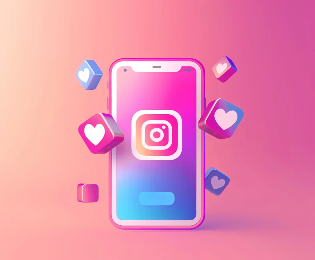 Imagem de um smartphone com o logotipo do Instagram em um fundo colorido, cercado por ícones de coração e cubos. Ideal para ilustrações sobre redes sociais.