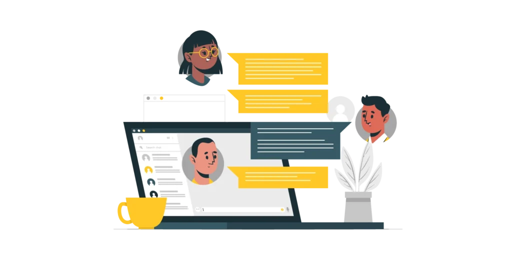 Ilustração de um computador com uma conversa online. Mostra mensagens trocadas entre diferentes usuários em um chat, representando interação digital.