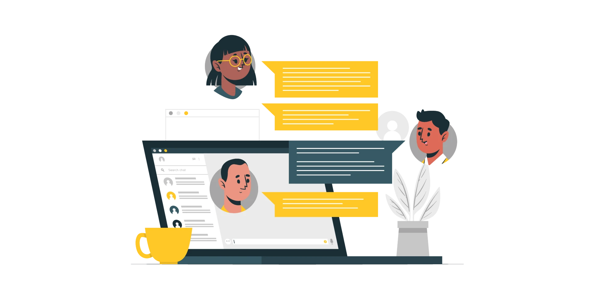 Ilustração de um computador com uma conversa online. Mostra mensagens trocadas entre diferentes usuários em um chat, representando interação digital.