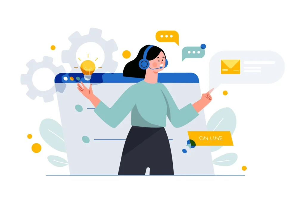 Ilustração de uma mulher com fones de ouvido, comunicação online e atendimento ao cliente. Representa suporte técnico e atendimento remoto.