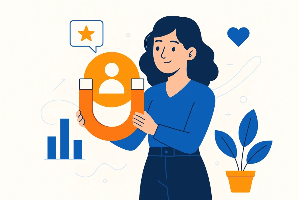 Ilustração em estilo flat de um cliente sorrindo ao receber atendimento eficiente, representando retenção de clientes, com elementos nas cores azul e coral