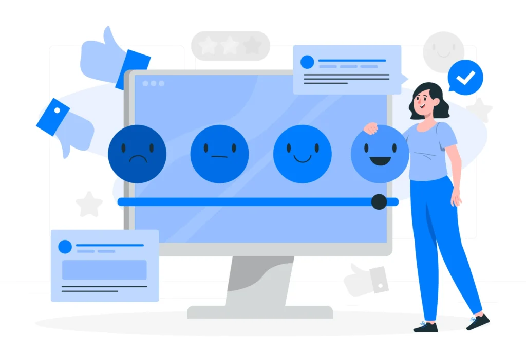 Imagem ilustrativa da interação digital com emojis de feedback, representando emoções e comentários em um computador. Captura a essência da comunicação online.