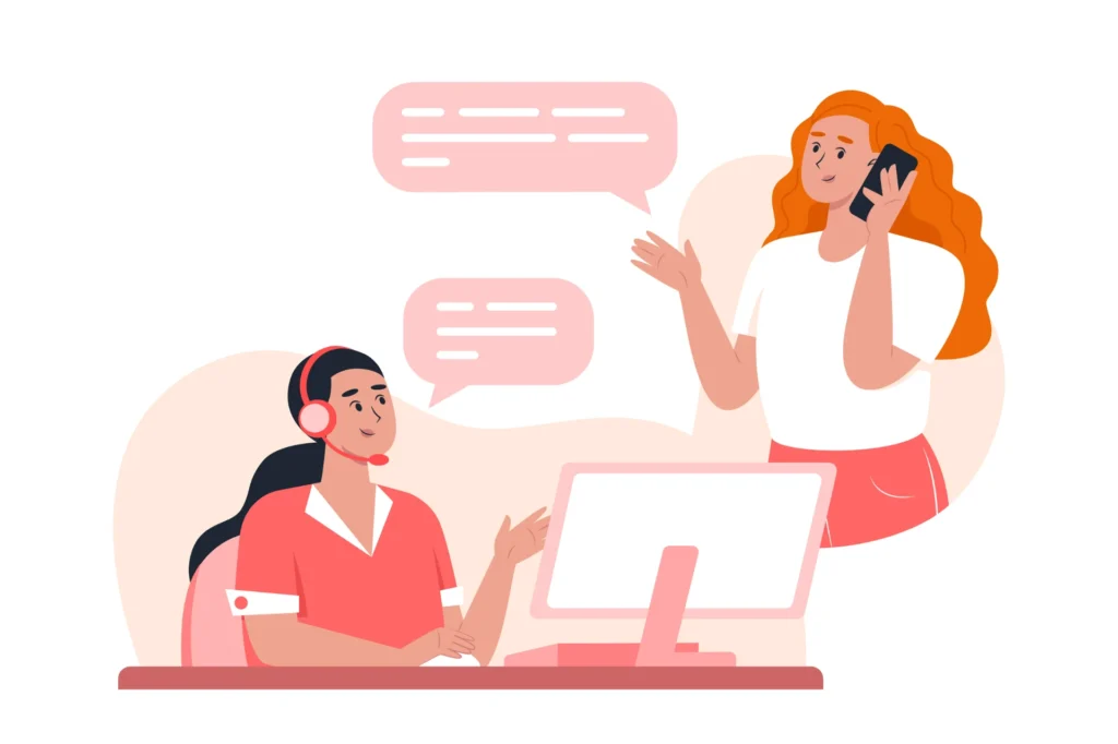 Ilustração de atendimento ao cliente, com uma funcionária usando fones de ouvido e uma cliente ao telefone, oferecendo suporte e comunicação eficaz.