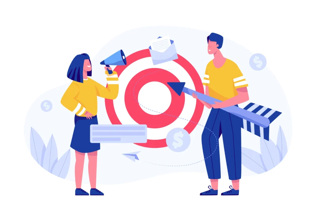 Ilustração de duas pessoas trabalhando em estratégias de marketing, com um alvo ao fundo, simbolizando foco e metas em campanhas publicitárias.