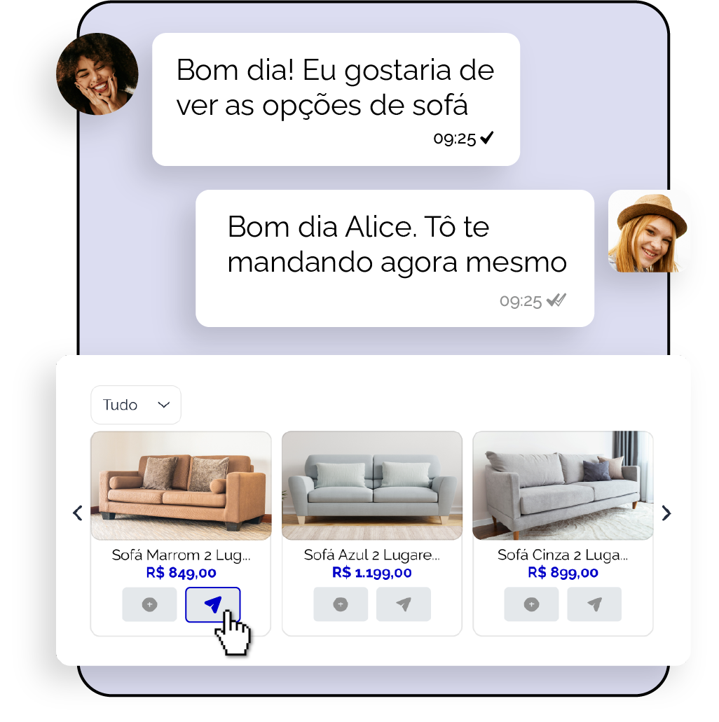 Conversação sobre opções de sofás com duas imagens de sofás e mensagens de texto destacando as escolhas.