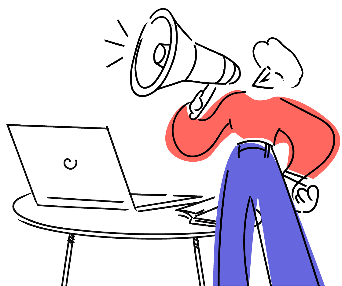 Ilustração de um personagem com um megafone e uma mesa com um notebook e um livro ao seu lado