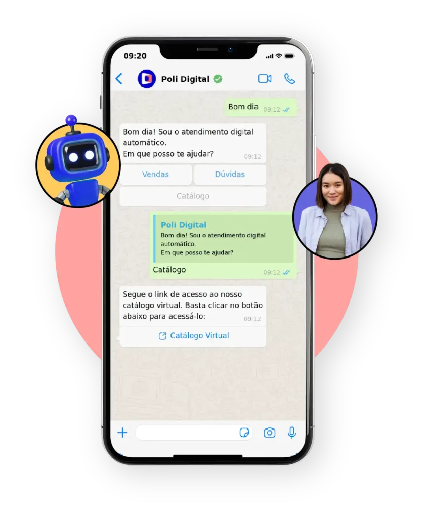 Imagem do Poli Digital, um atendimento digital automático, mostrando interação no WhatsApp com opções de ajuda e acesso ao catálogo virtual.