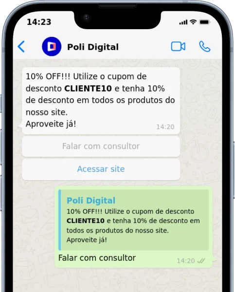 Mensagem em WhatsApp da Poli Digital informando sobre desconto de 10% utilizando o cupom CLIENTE10 em todos os produtos do site. Aproveite!