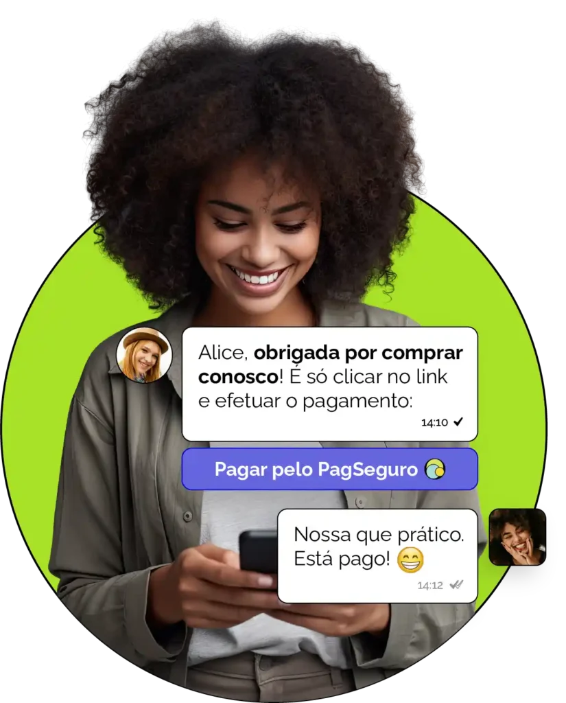 Imagem mostrando uma mulher sorridente usando um smartphone enquanto interage em um chat sobre pagamento feito pelo PagSeguro. O fundo é verde e destaca a conversa.