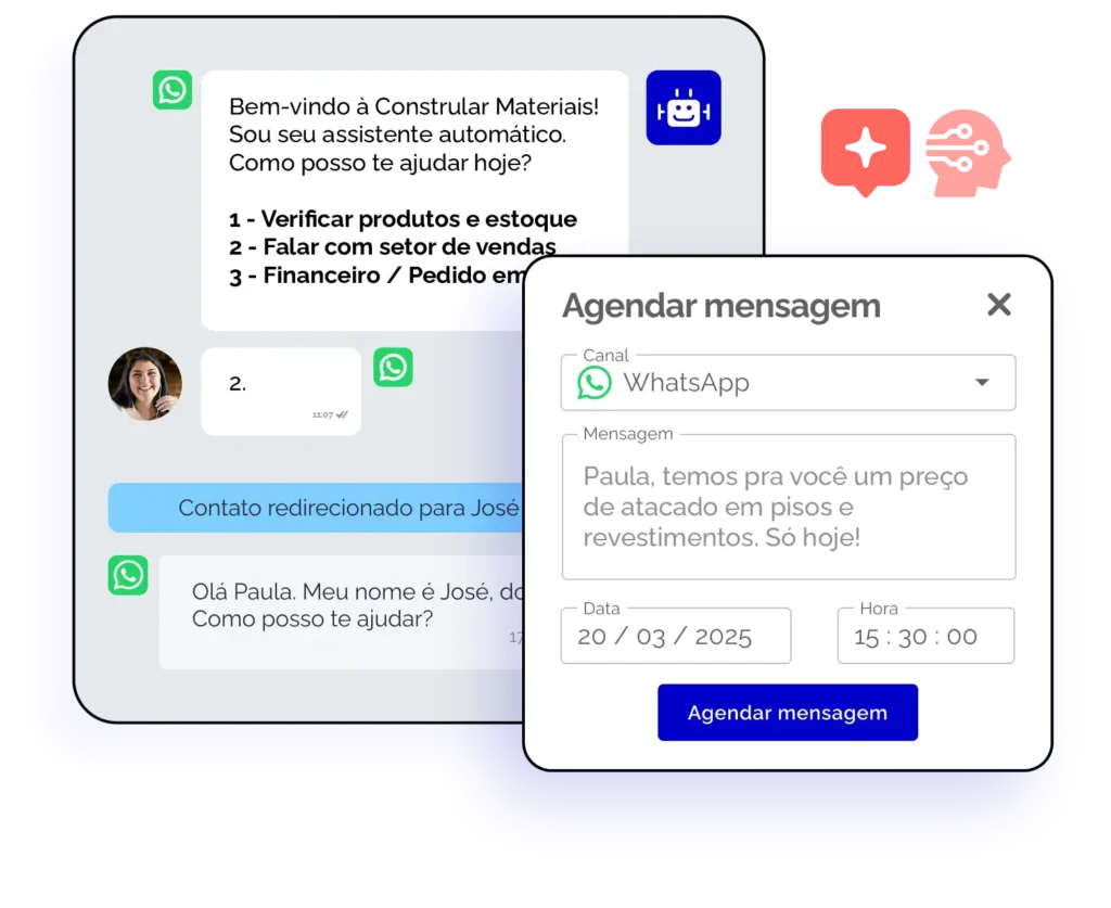Imagem do assistente automático da Construir Materiais, interagindo via WhatsApp e agendando uma mensagem com informações sobre preços.