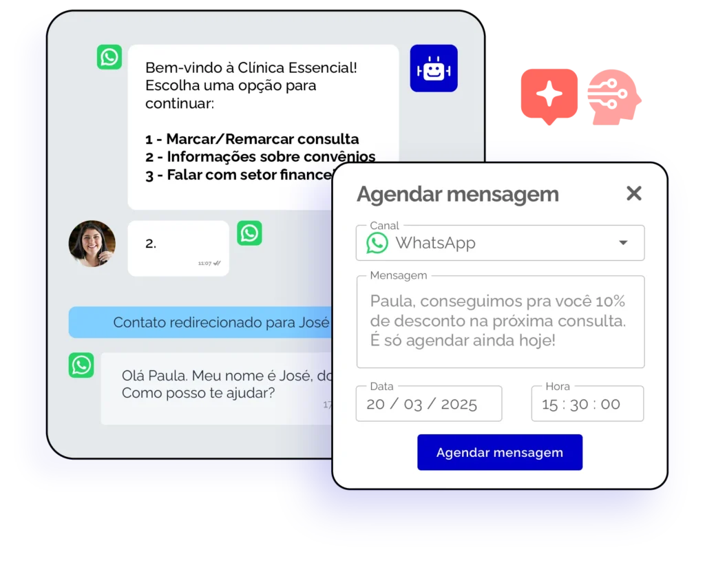 Imagem mostrando um chat no WhatsApp da Clínica Essencial com opções para agendar consultas e informações. O visual é interativo e amigável, facilitando o atendimento ao cliente.
