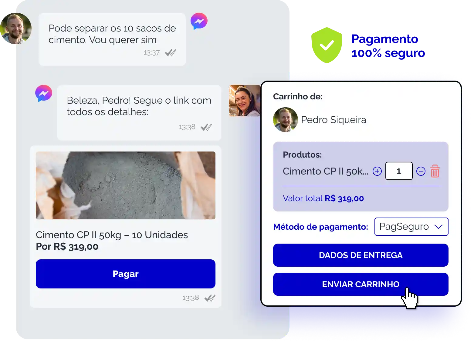 Conversa sobre a compra de cimento CP II 50kg, incluindo detalhes do carrinho, preço e método de pagamento PagSeguro.