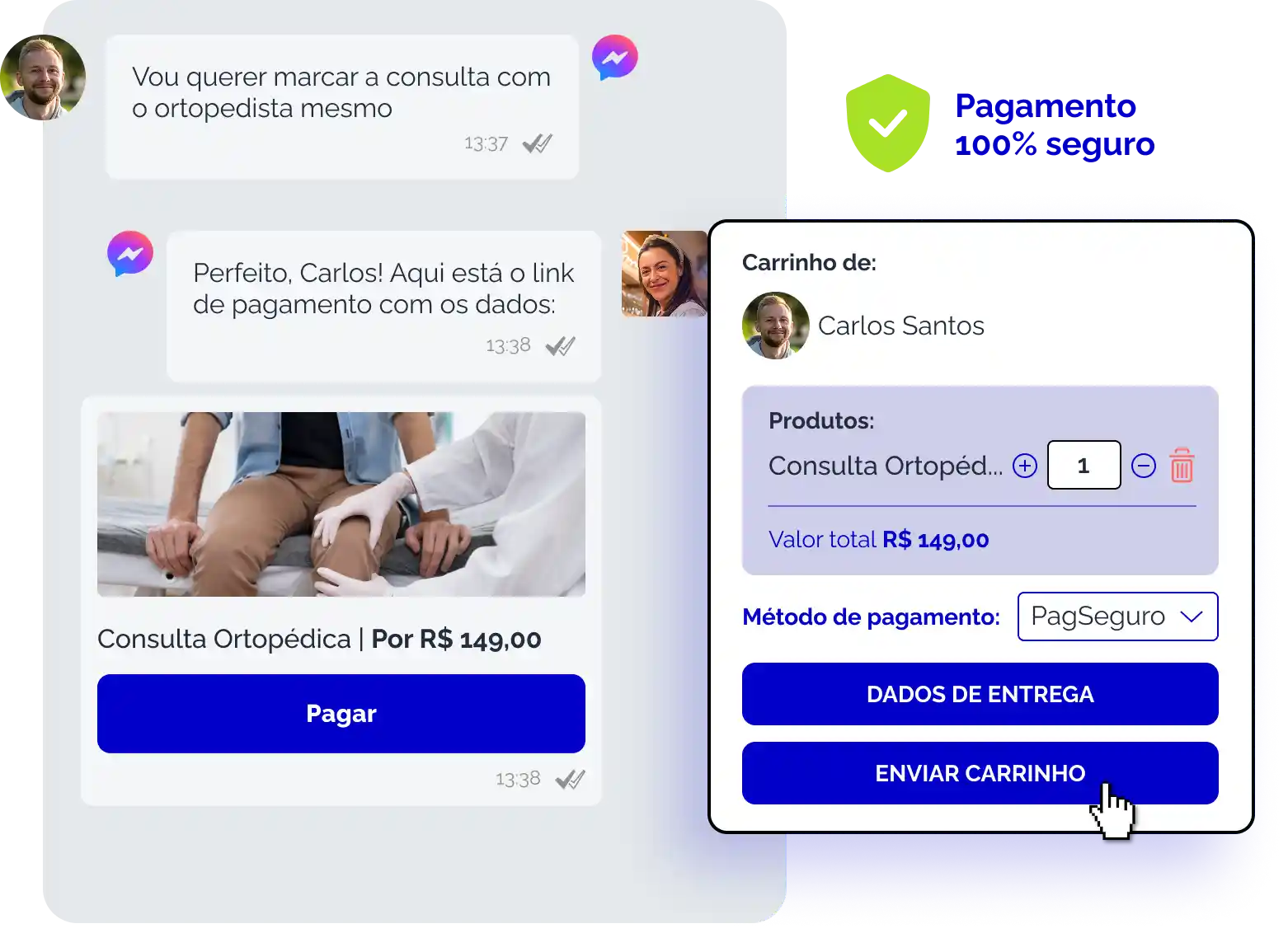 Imagem mostrando a interação de um paciente em um aplicativo para agendar consulta ortopédica e realizar pagamento seguro. Consultório e informações destacadas.