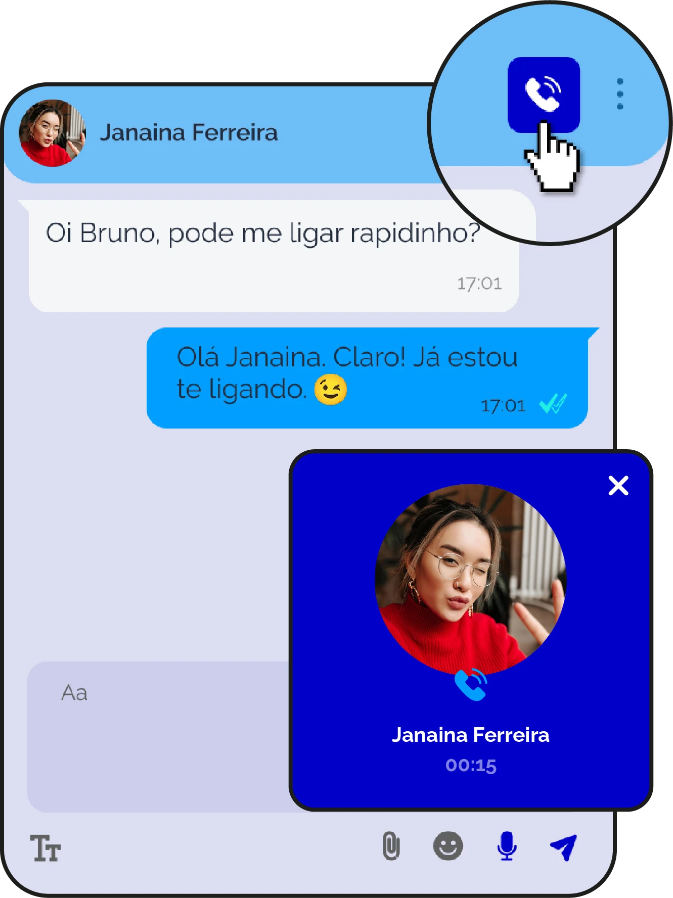 Imagem de uma conversa de mensagem onde Janaina Ferreira solicita uma ligação rápida e seu contato está disponível. A interface destaca a possibilidade de ligação. Ideal para comunicação.