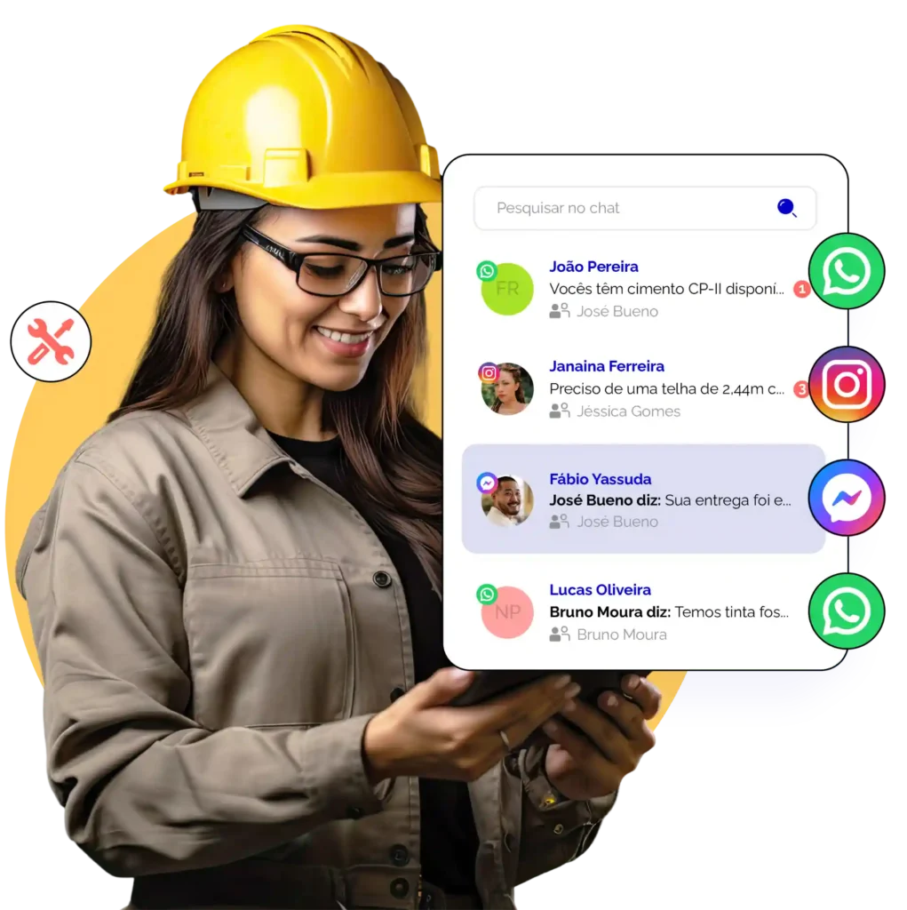 Mulher com capacete amarelo usando óculos e segurando um celular enquanto interage em um chat online com diversas mensagens.