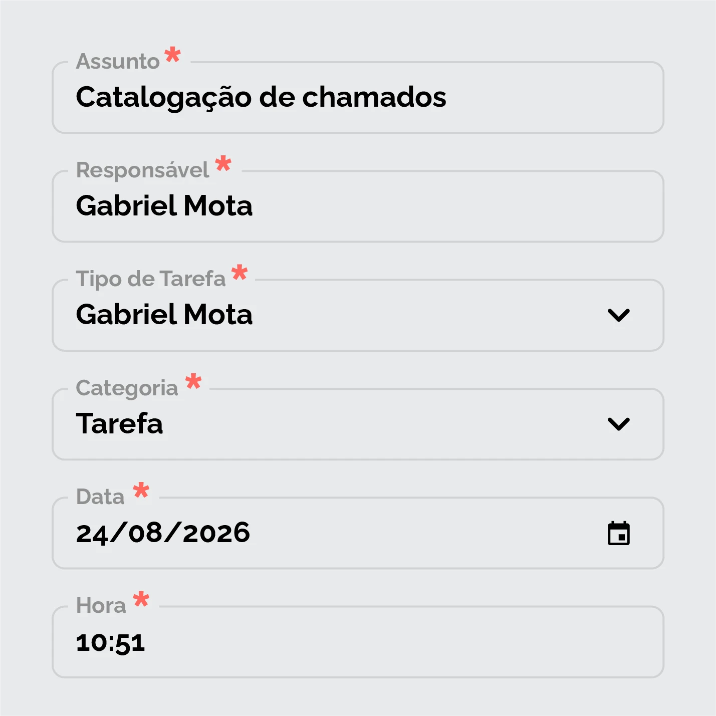 Interface de catalogação de chamados com detalhes como assunto, responsável, tipo de tarefa, categoria, data e hora.