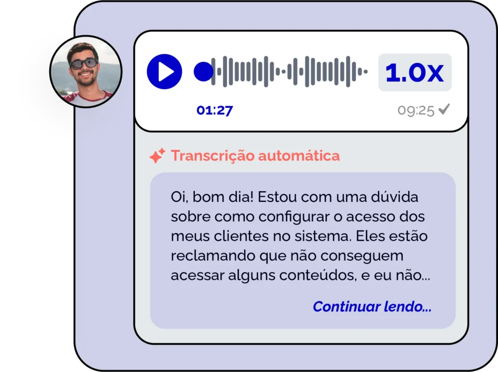 Screenshot de um sistema de transcrição automática mostrando uma mensagem de dúvida sobre configuração de acesso para clientes.