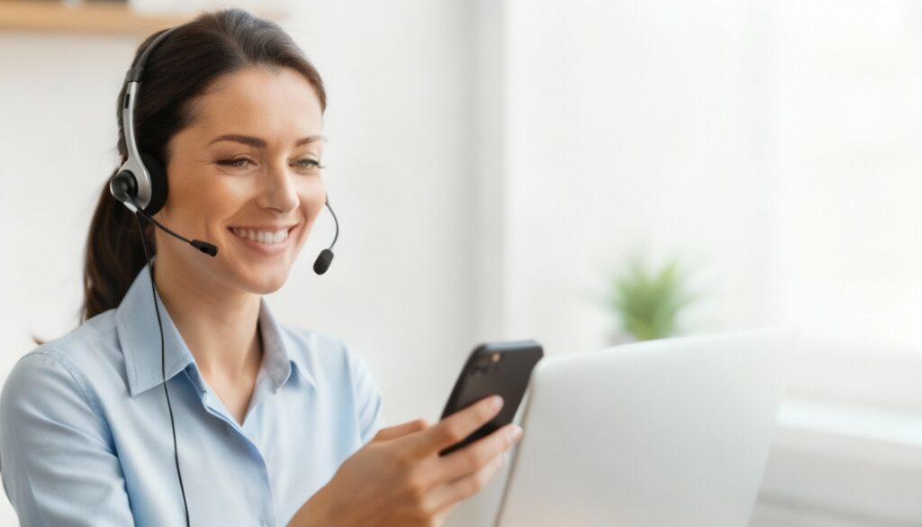 Mulher sorridente usando fone de ouvido e atendendo ao telefone em ambiente de trabalho, representando suporte ao cliente e atendimento online.
