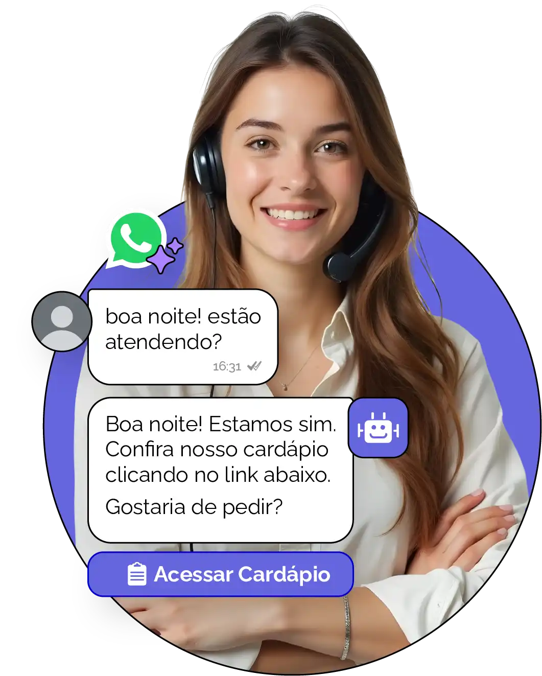 Mulher atendente de suporte ao cliente usando fone de ouvido e camisa branca, com um chat de atendimento ao cliente em destaque, promovendo serviço de suporte e agendamento de consultas.