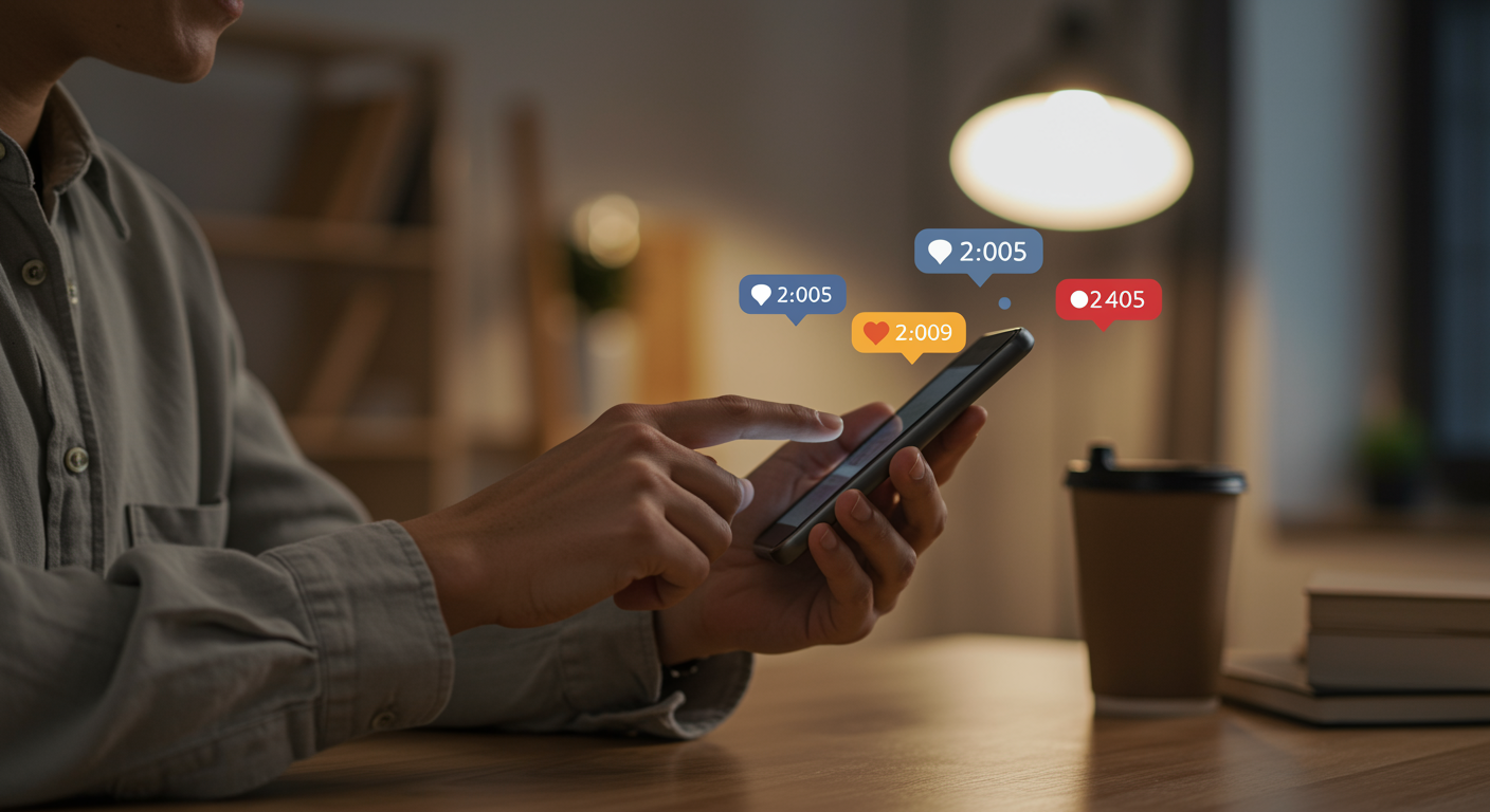 Pessoa usando smartphone com notificações de mensagens e curtidas na tela, ambiente moderno de escritório ou café ao fundo, iluminação aconchegante