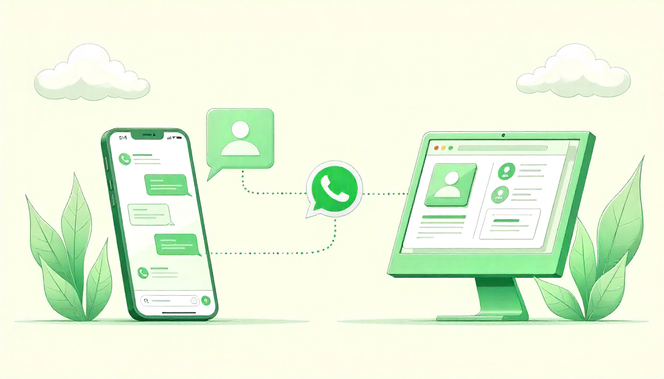 Ilustração moderna e sustentável de troca de mensagens via WhatsApp, mostrando comunicação entre celular e computador com elementos naturais e destaque para o ícone do WhatsApp, ideal para conteúdo sobre uso de WhatsApp na internet e tecnologia.