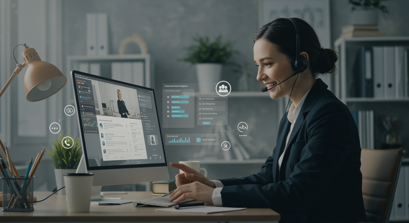 Mulher atendendo cliente com headset em escritório moderno, usando computador e tecnologia de videoconferência, promovendo atendimento ao cliente online.