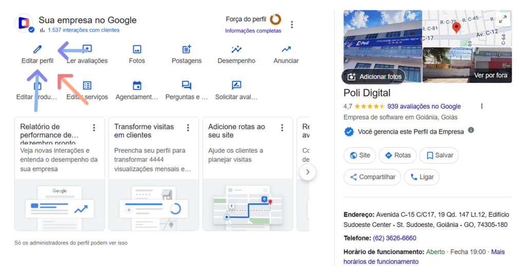 Perfil empresarial no Google Meu Negócio de Poli Digital em Goiânia, Goiás, exibindo informações sobre endereço, telefone e avaliações.