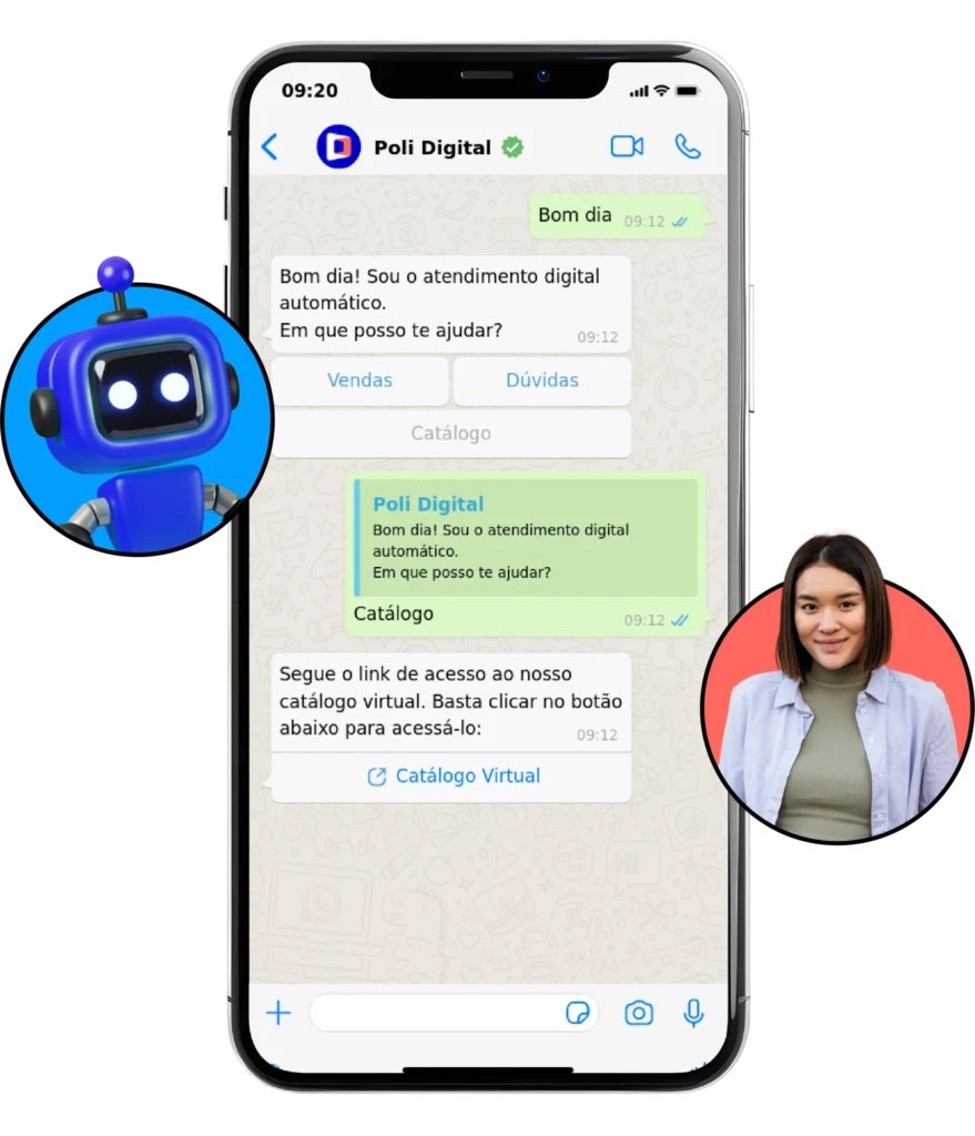 Imagem mostrando atendimento digital automatizado via WhatsApp com chatbot e uma atendente humana, promovendo catálogo virtual de Poli Digital, otimizado para 'atendimento digital'