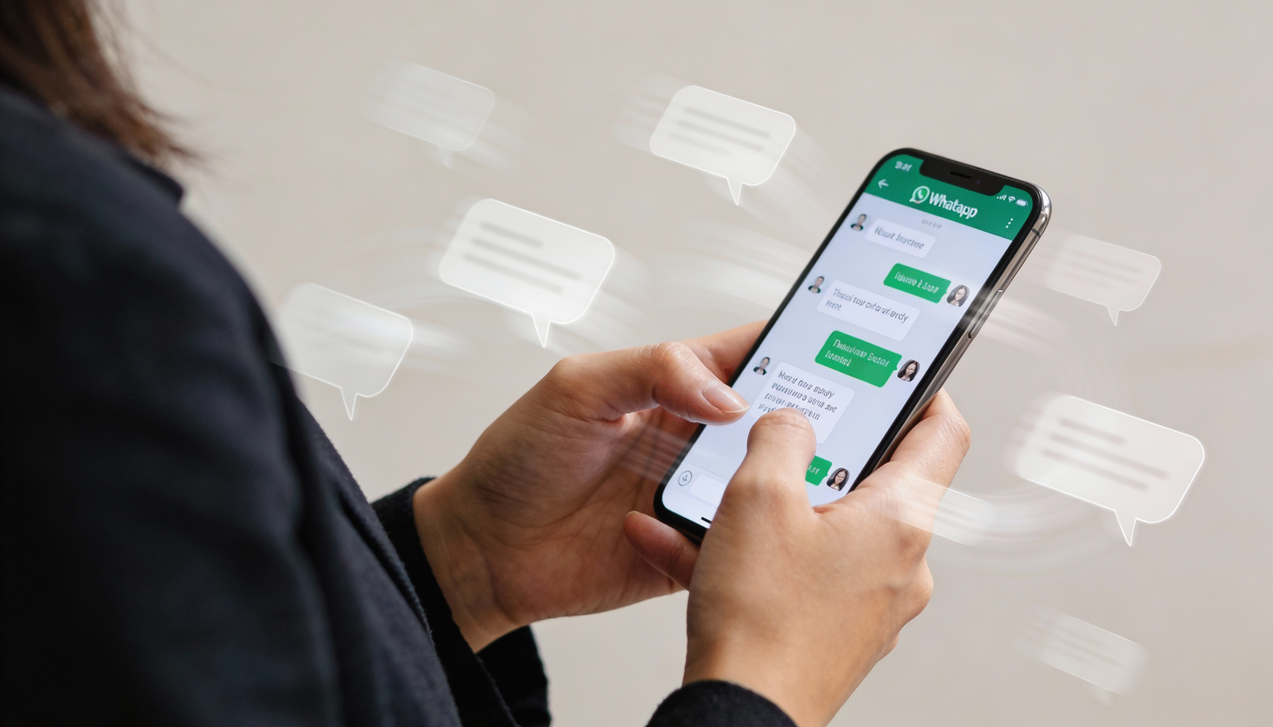 Pessoa utilizando smartphone com WhatsApp, enviando mensagens de texto em um ambiente interno, destacando comunicação digital moderna.