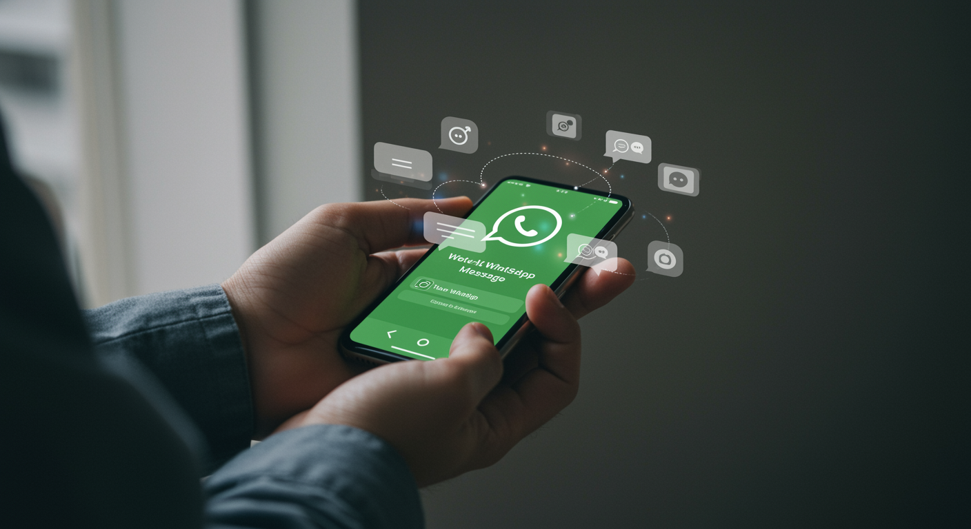 Pessoa segurando celular com o aplicativo WhatsApp aberto, com ícones de mensagens e chamadas ao redor, simbolizando comunicação digital.