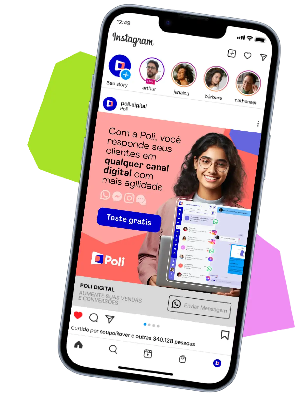 Imagem de um smartphone exibindo anúncios do Poli Digital na plataforma Instagram, promovendo canais de atendimento digital para aumentar vendas e engajamento com clientes.
